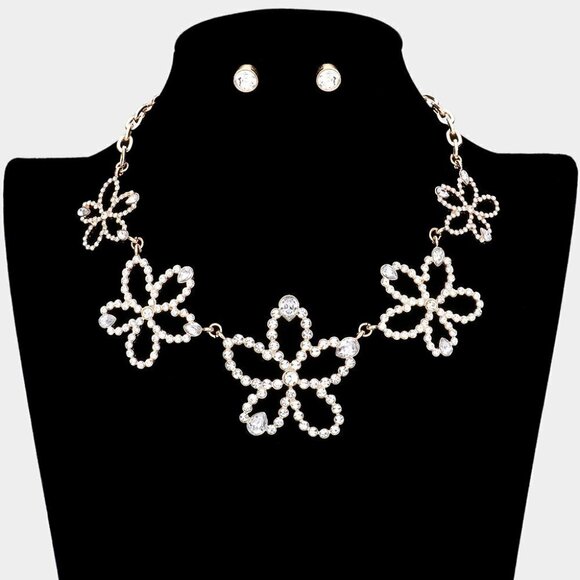 NEW Flower Crystal Golden Necklace Set Y2K - Picture 3 of 8